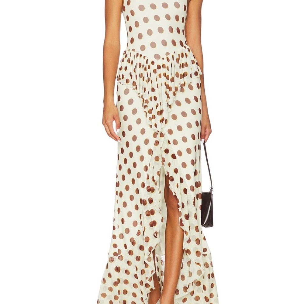 AFRM Cream Maxi Dress with Brown Polka Dots and Ruffle Front